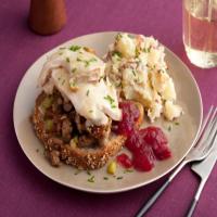 What a Face! Open Faced Hot Turkey Sammys with Sausage Stuffing and Gravy, Smashed Potatoes with Bacon, Warm Apple Cranberry Sauce image