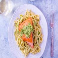 Seared Salmon With Linguine and Ramp Pesto_image