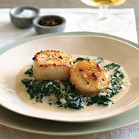 Seared Scallops on Spinach with Apple-Brandy Cream Sauce_image