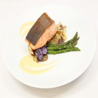 Crispy-Skin King Salmon with Roasted Asparagus, Fingerling Potatoes, and Hollandaise Sauce_image