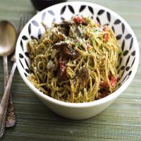 Pesto Pasta With Mushrooms, Onions, and Red Bell Peppers image