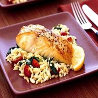 Baked Halibut with Orzo, Spinach, and Cherry Tomatoes_image