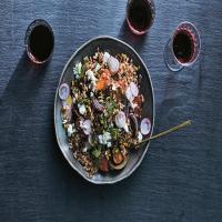 Farro Salad with Roasted Sweet Potatoes, Red Onion, and Goat Cheese image