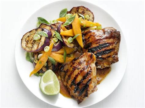 grilled-honey-chicken-thighs-with-eggplant-mango image