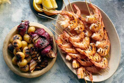 grilled-shrimp-skewers-with-roasted-red-pepper-sauce image