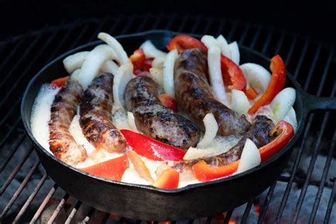 grilled-beer-brats-with-peppers-and-onions-dont-sweat image