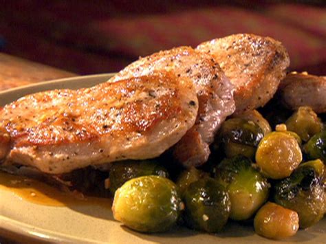 maple-glazed-pork-chops-with-brussels-sprouts-food image