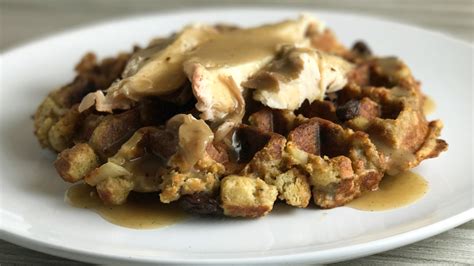 quick-and-easy-leftover-stuffing-waffles-with-turkey image