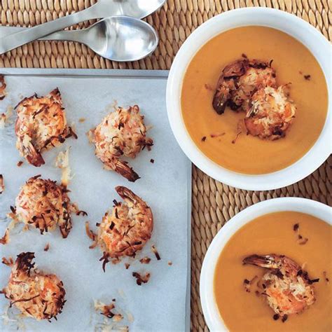 carrot-ginger-soup-with-coconut-roasted-shrimp-food image