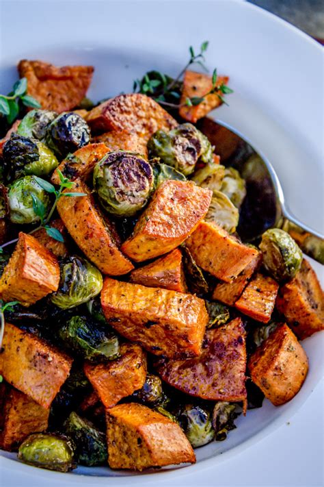 roasted-sweet-potatoes-and-brussels-sprouts-the image