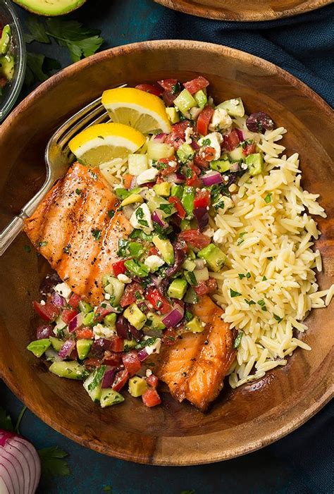 grilled-salmon-with-avocado-greek-salsa-and-orzo image