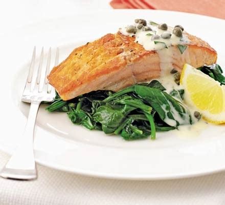 salmon-spinach-with-tartare-cream-recipe-bbc-good-food image